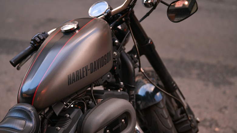 Close up side view of a Harley Roadster