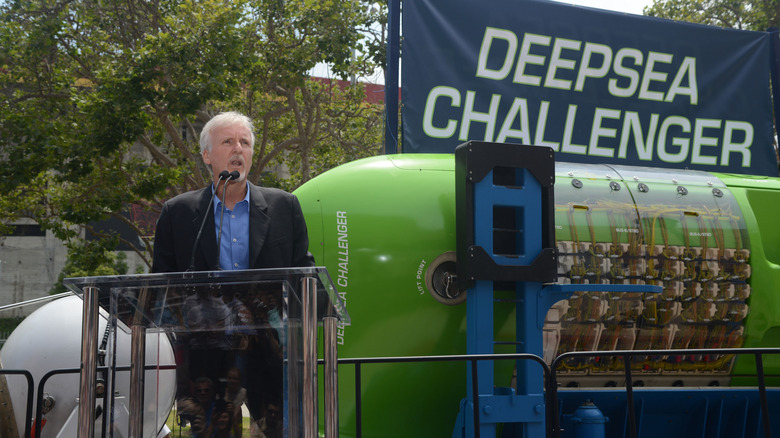 James Cameron in front of Deepsea Challenger