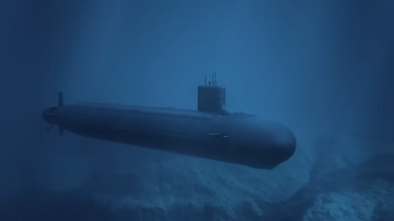 A submerged submarine deep in the ocean.