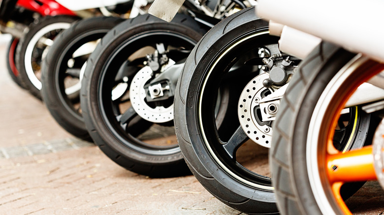 Different motorcyle wheels lined up