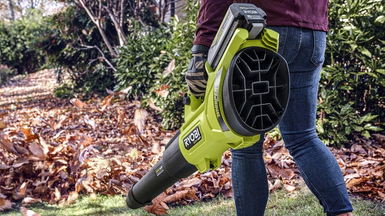 Person using Ryobi blower on leaves