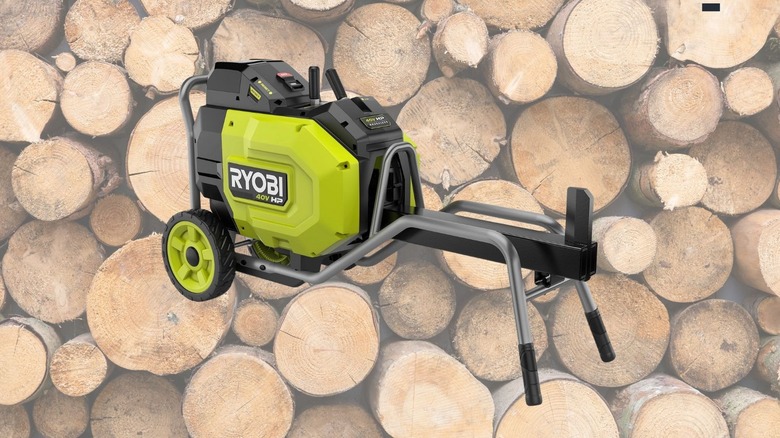 Ryobi 40V log splitter against wood background