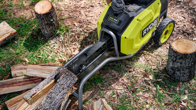 Overhead view of Ryobi log splitter splitting a log