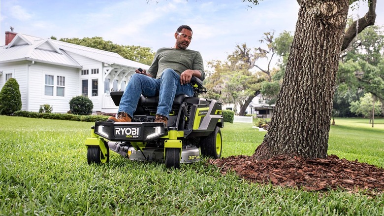 Ryobi EZT Mower by tree