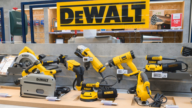 Dewalt power tools on display in a store