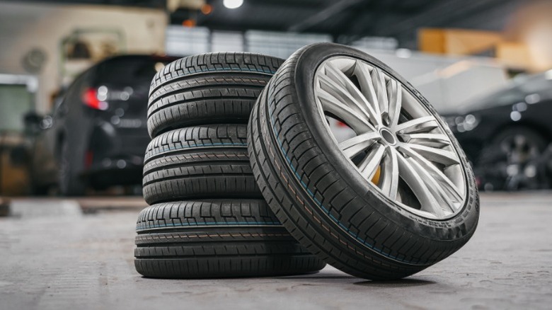 New tires mounted on car wheels