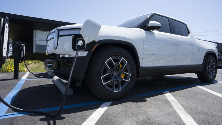 Rivian R1T at a recharging station