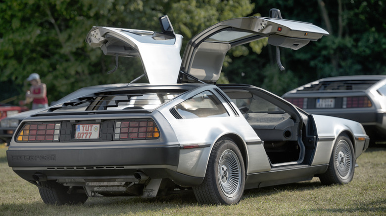 Rear view of DMC-12 DeLorean with gullwings open