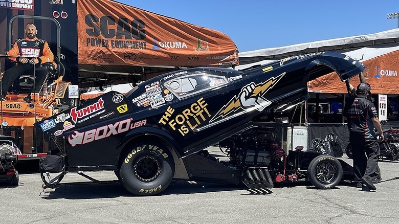 An NHRA Funny Car at the 2023 Denso NHRA Sonoma Nationals in Sonoma, California.