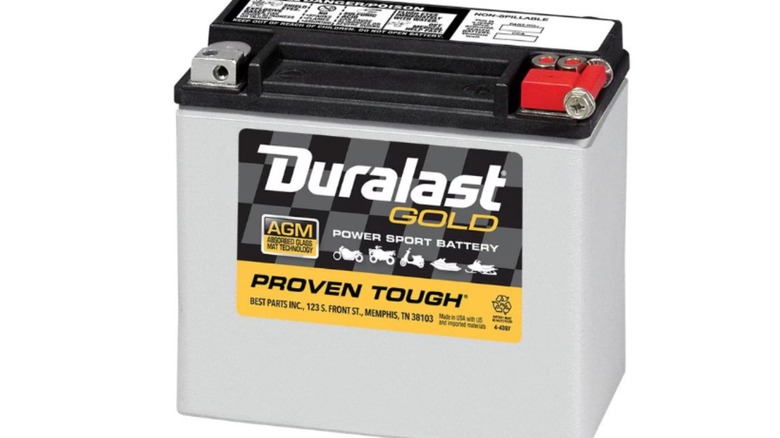 A Duralast motorcycle battery