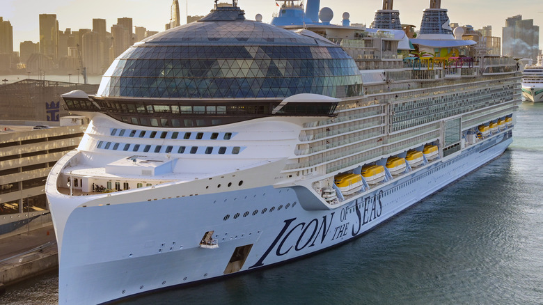 The cruise ship Icon of the Seas docked in Miami, bow-on view