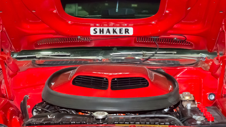 HEMI Cuda Shaker hood scoop with hood raised