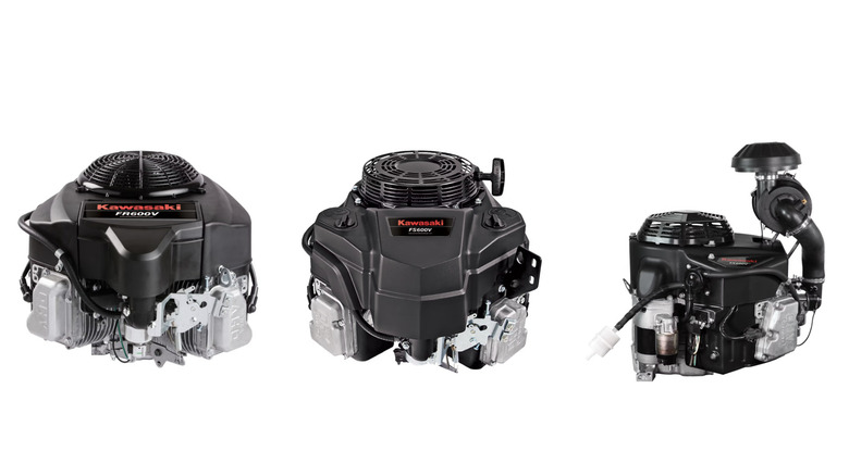 Three Kawasaki 600-series engines in a row against a white background