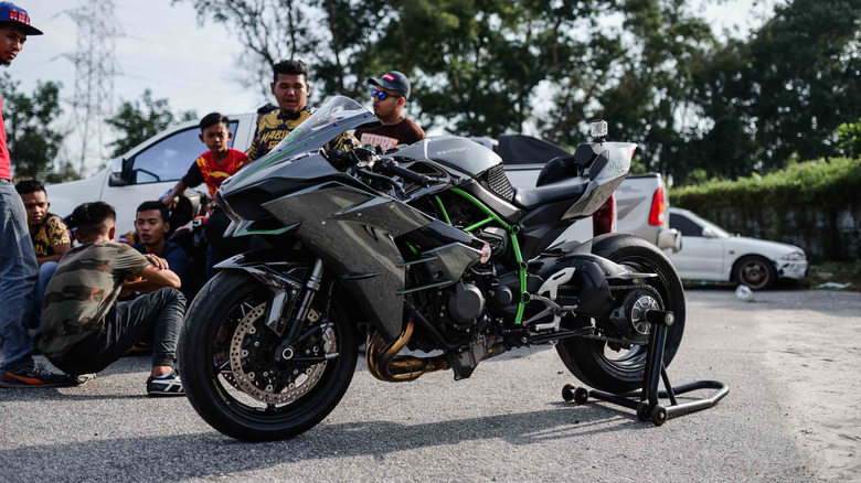 Kawasaki Ninja H2R motorcycle is displayed at drag festival