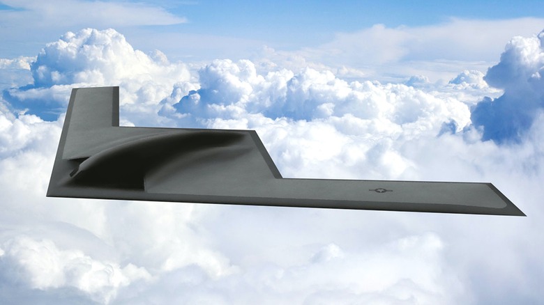 B-21 Raider flying among clouds