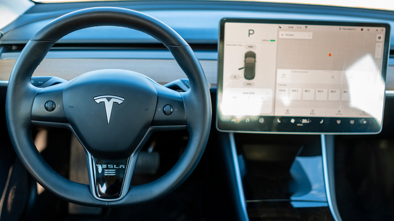 Tesla steering wheel and info panel