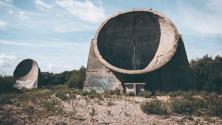 Two half circle concrete listening stations from WWII