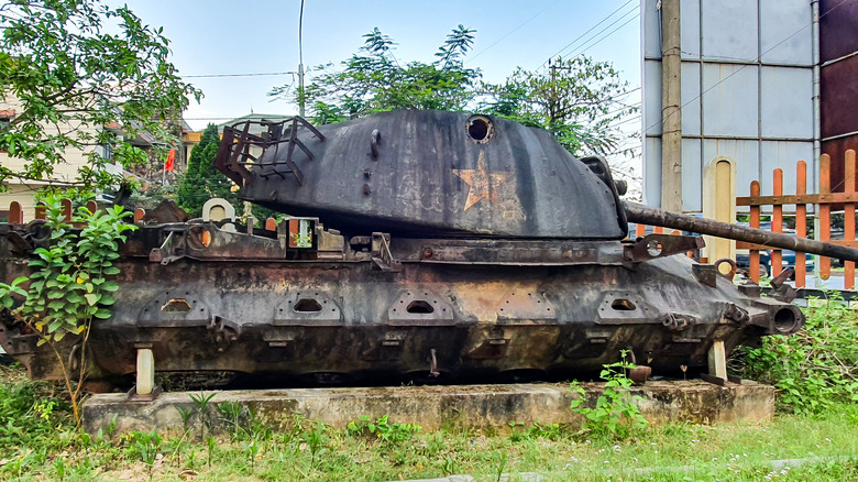 a destroyed M48 tank on display