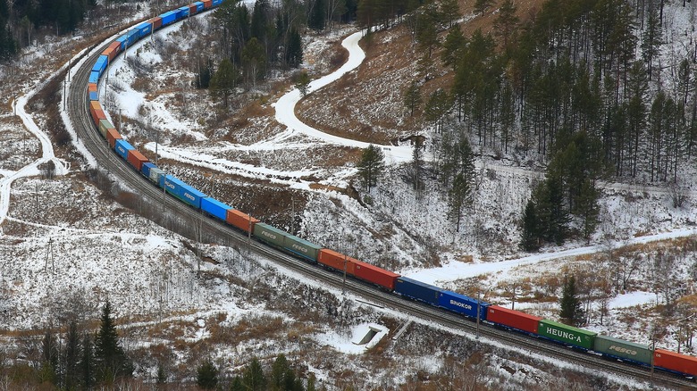 Trans-Siberian freight train transports shipping containers