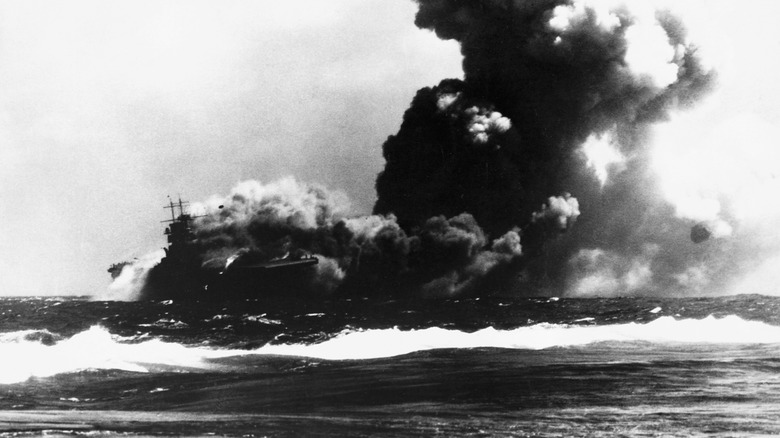 USS Wasp burning on water