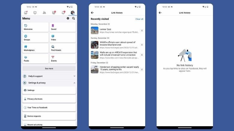 Screenshots of Facebook's menu and link history pages