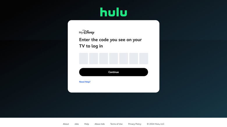 Hulu code entry screen for activating a device