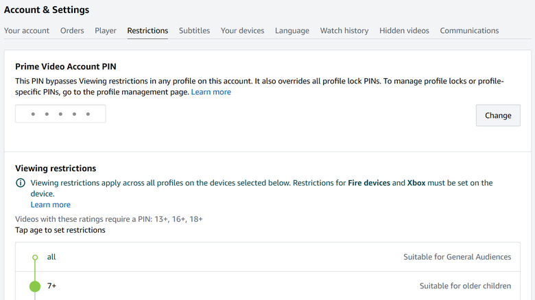 Amazon Prime Video Account Settings page