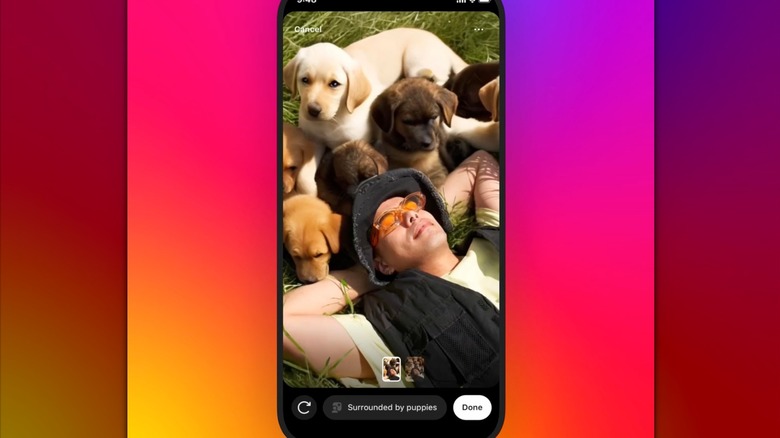 Instagram AI background feature shows man surrounded by puppies