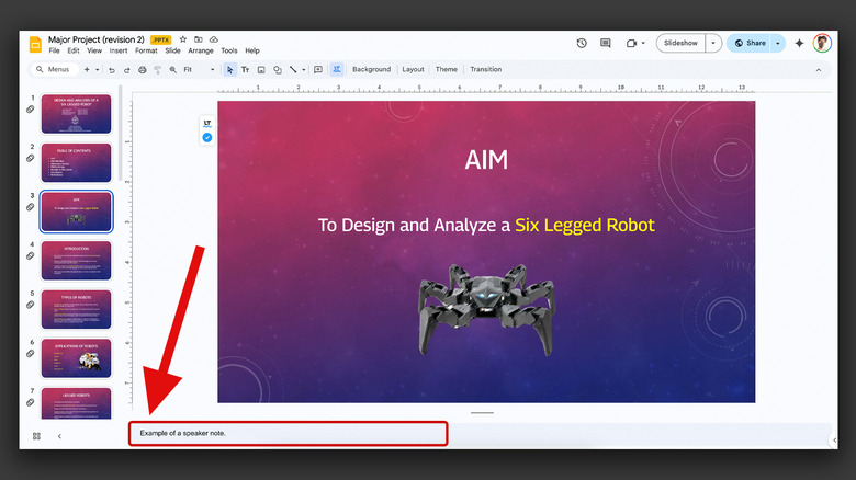 Speaker note section highlighted in a Google Slides presentation