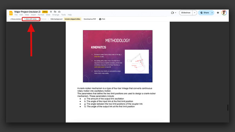 Print preview in Google Slides displaying speaker notes