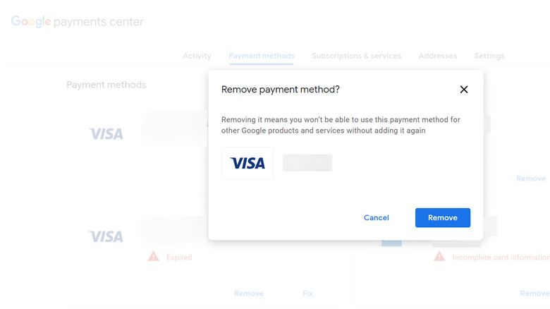 Google Payments remove payment method