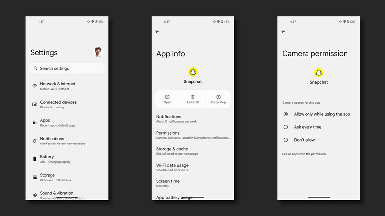 Permissions for Snapchat on Android