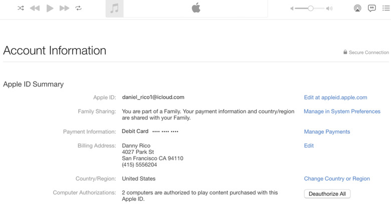 Apple acount information page