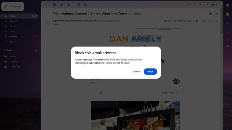 Pop up message to block email address