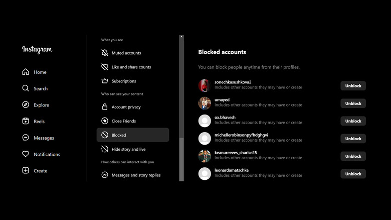 Instagram desktop blocked accounts page
