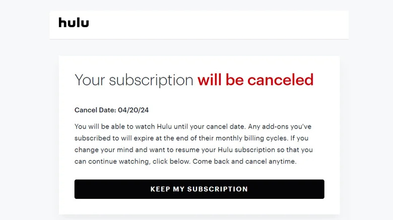 Hulu canceled subscription notification