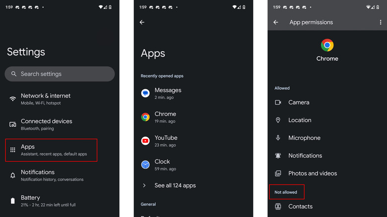 settings, apps, and Chrome app permissions screens