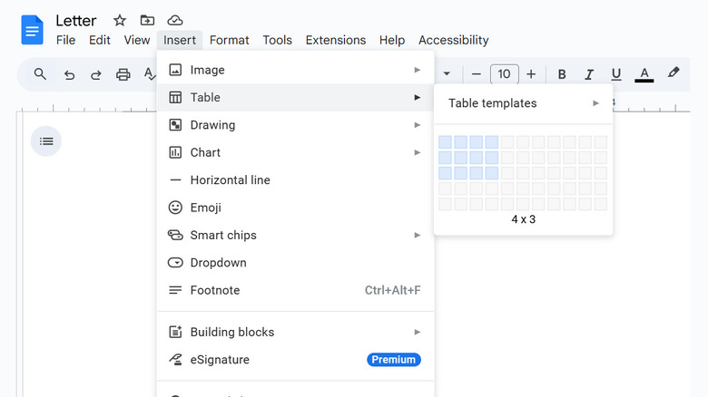 Google Docs insert table menu