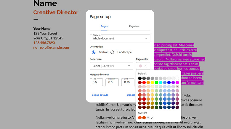 Google Docs page setup window with page color selected