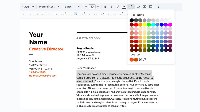 Google Docs highlight color selection box