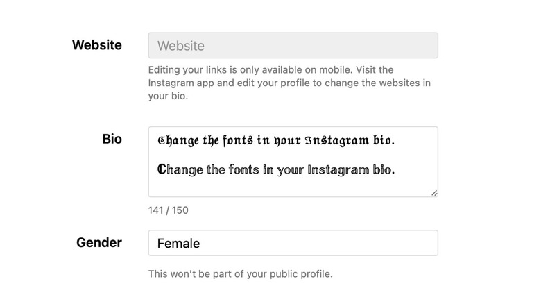 Different fonts in Instagram bio on desktop