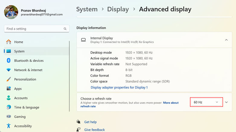 Changing refresh rate Windows 11 settings