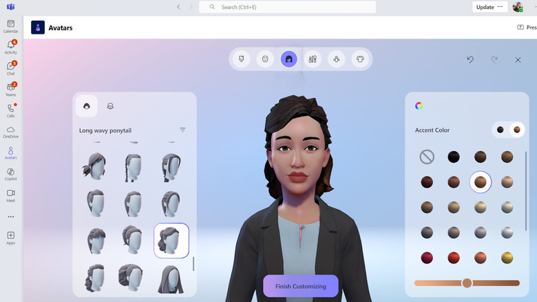 Microsoft Teams avatar customization menu showing hair options