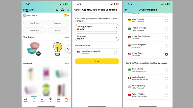 Country and region menu in Amazon app on iPhone