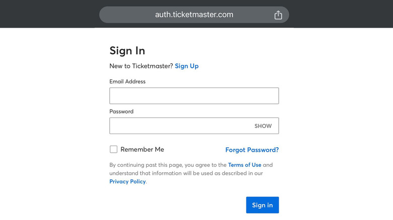 Ticketmaster website sign in page