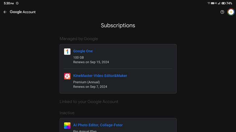 subscriptions displayed in Android settings