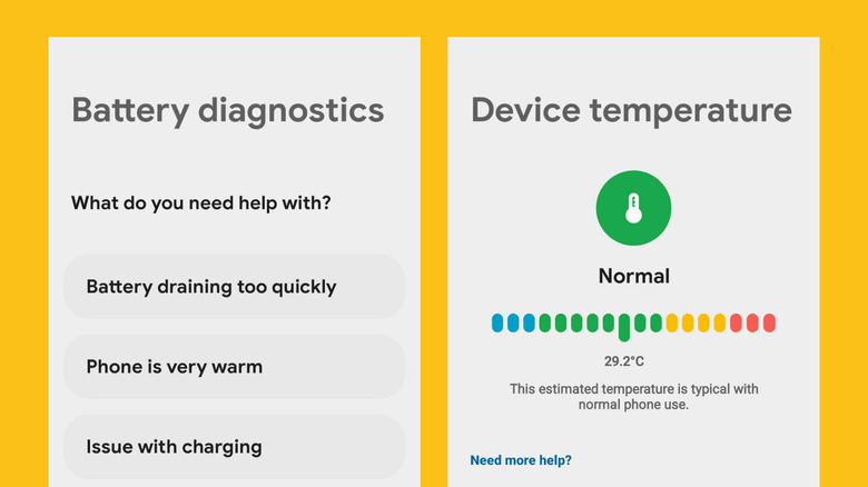 Google Pixel Battery diagnostics and Device temperature pages