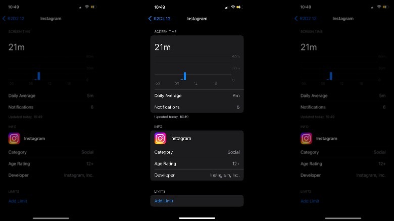 Instagram's screen time panel in iOS settings