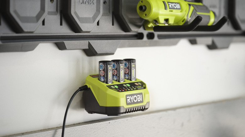 Ryobi USB Lithium 3-port Charger mounted to wall