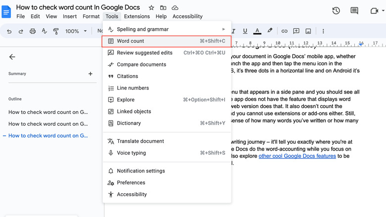 how to check word count in Google Docs -- step screenshot